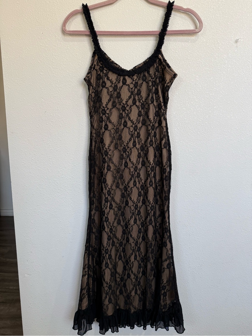 Cider Black Lace Sheer Midi Dress Nude Lining Ruffle Hem Y2K Slip Size S - Picture 4 of 9